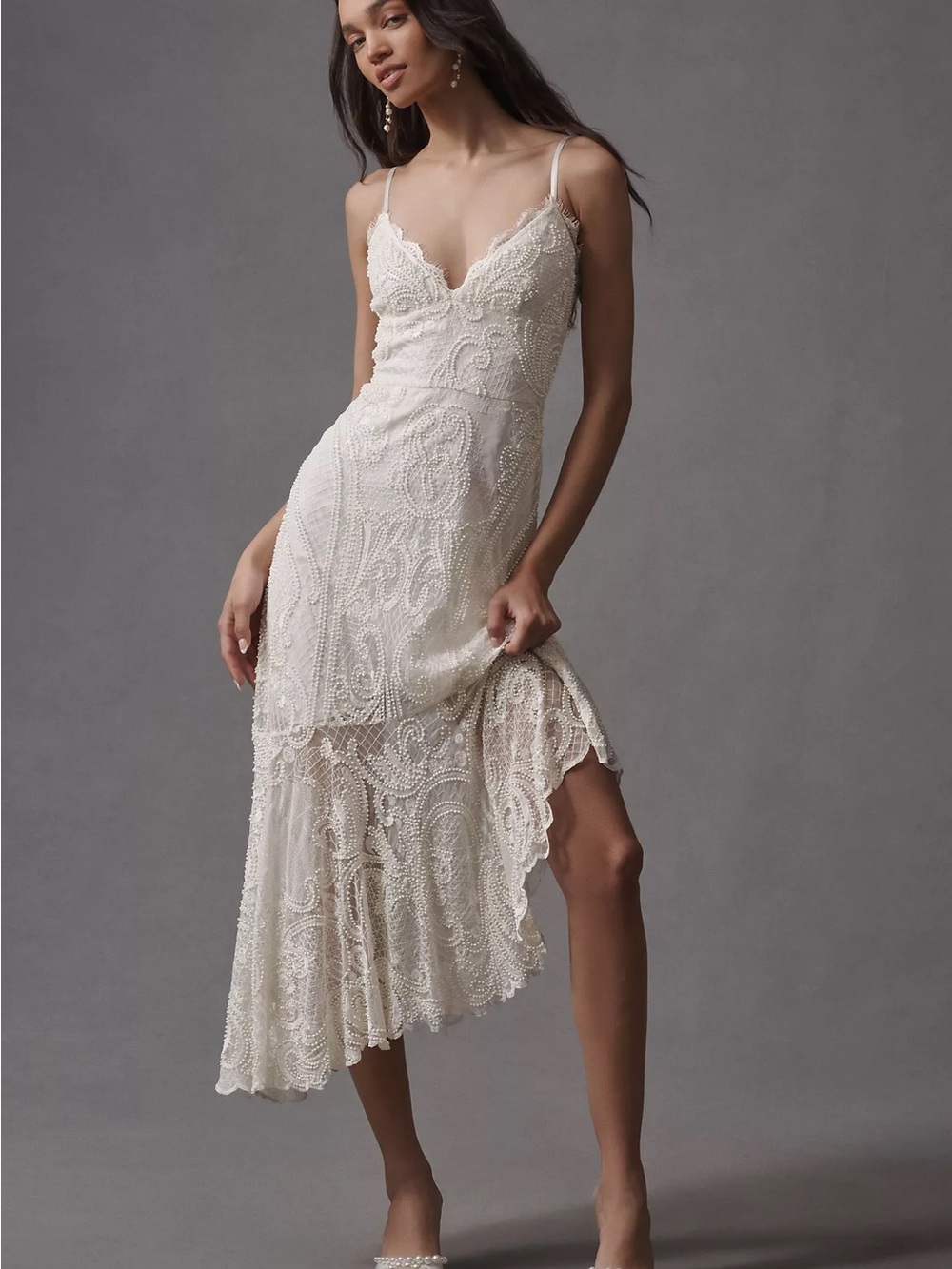 Beaded Lace High-Low Slip Dress in Ivory
